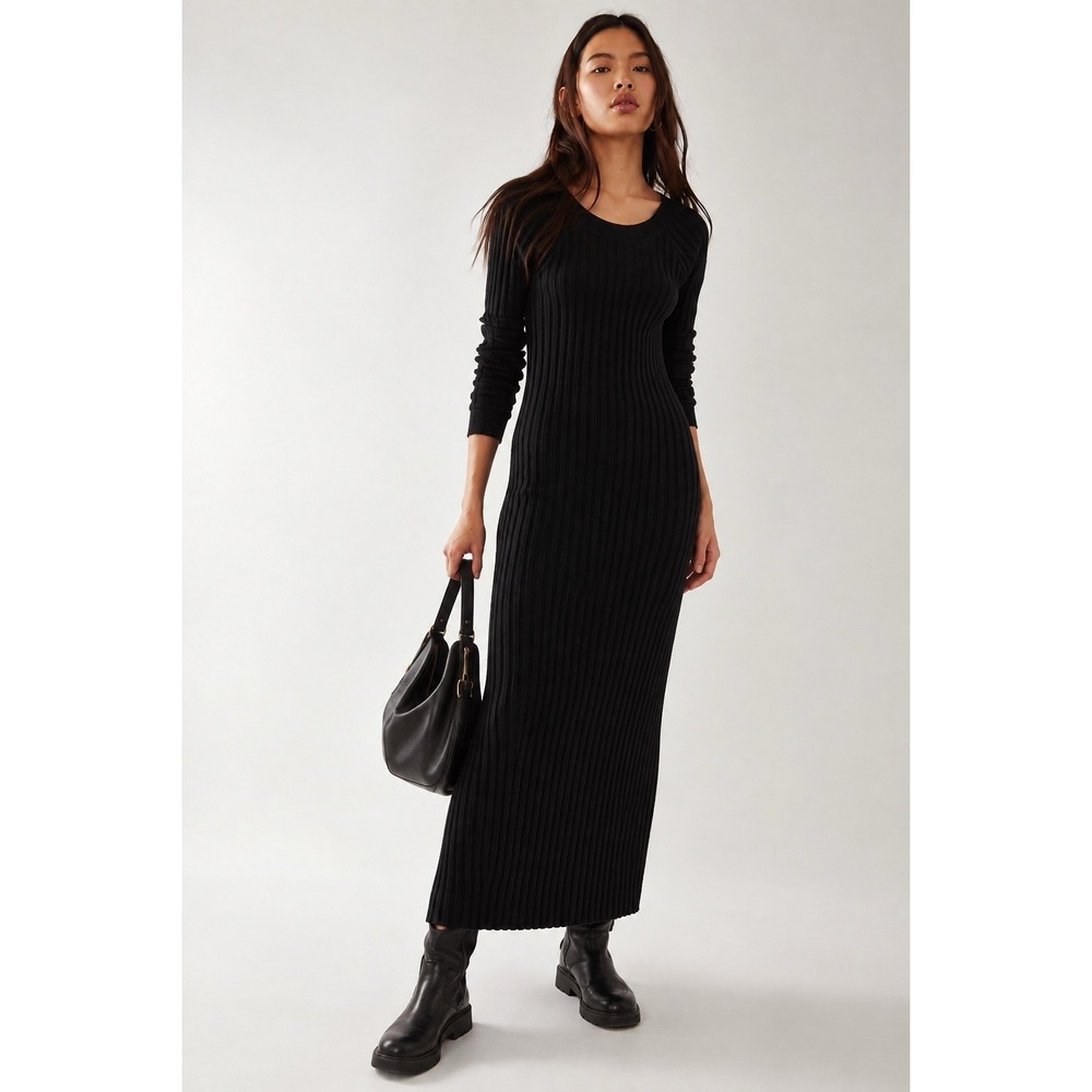 Free People Beach Walk About Ribbed Long Sleeve Long Maxi Dress Body Con Black L